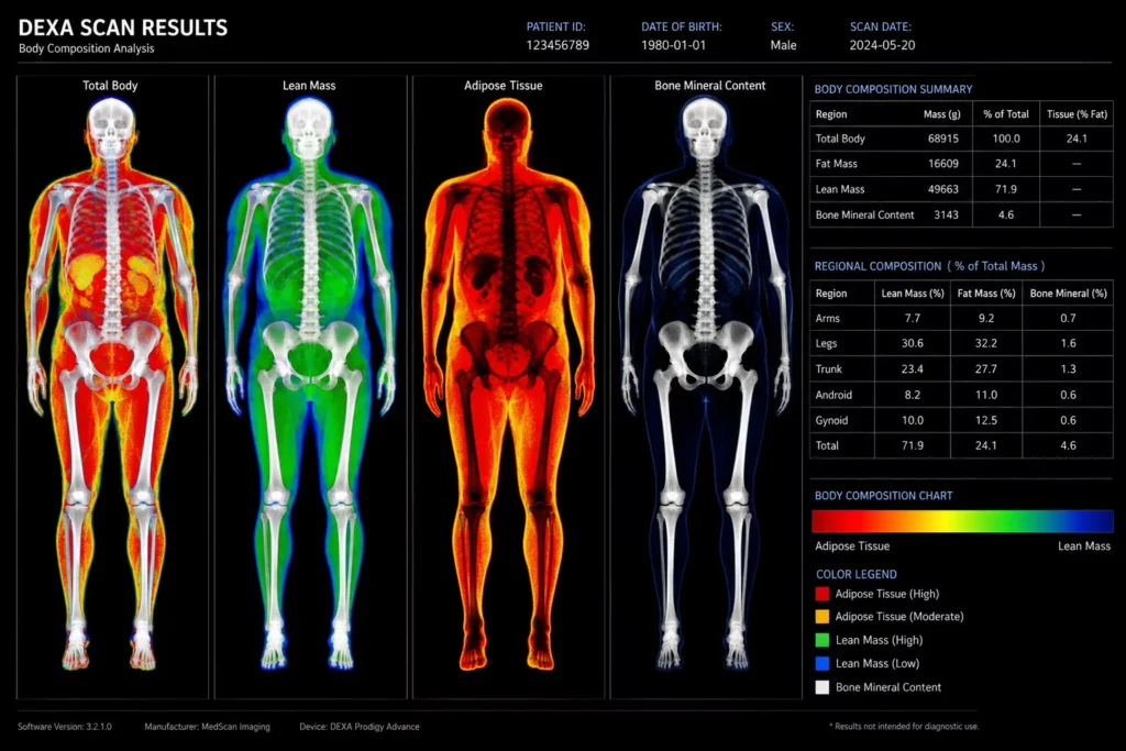 Colorized DEXA scan output showing fat tissue in yellow/red and lean mass in blue/green