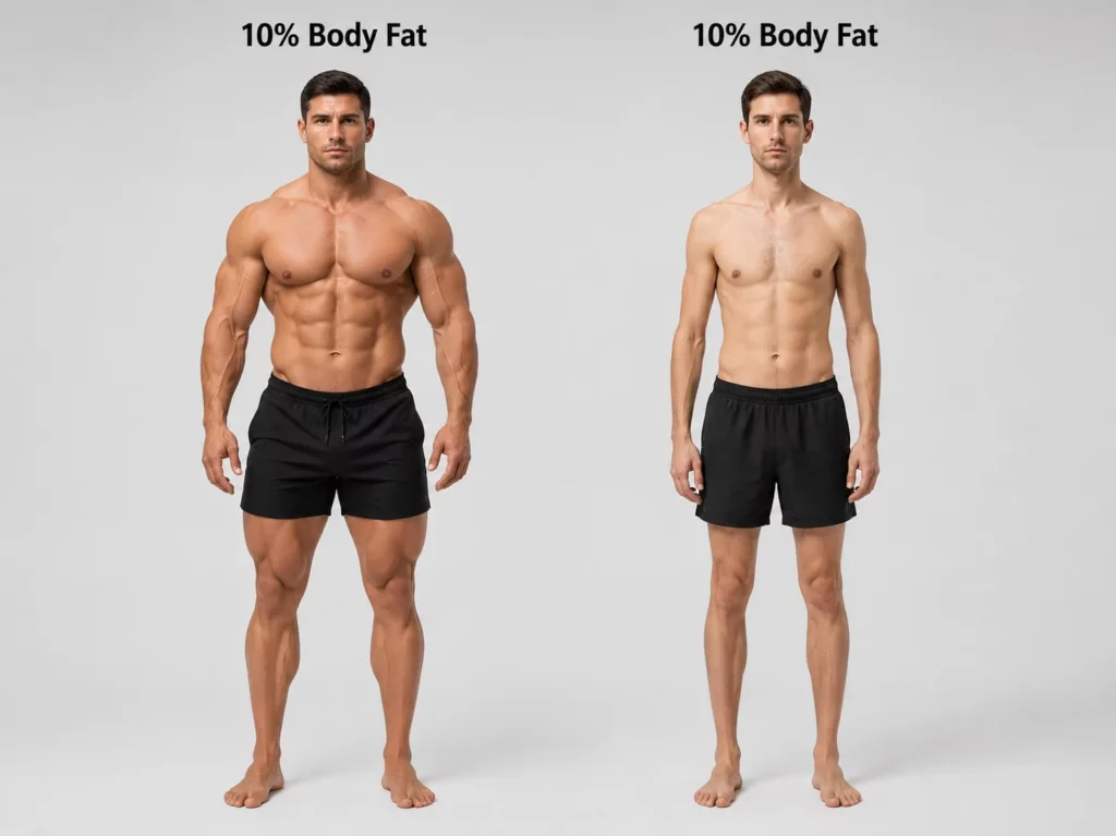Two male physiques both at 10% BF – one muscular and one untrained