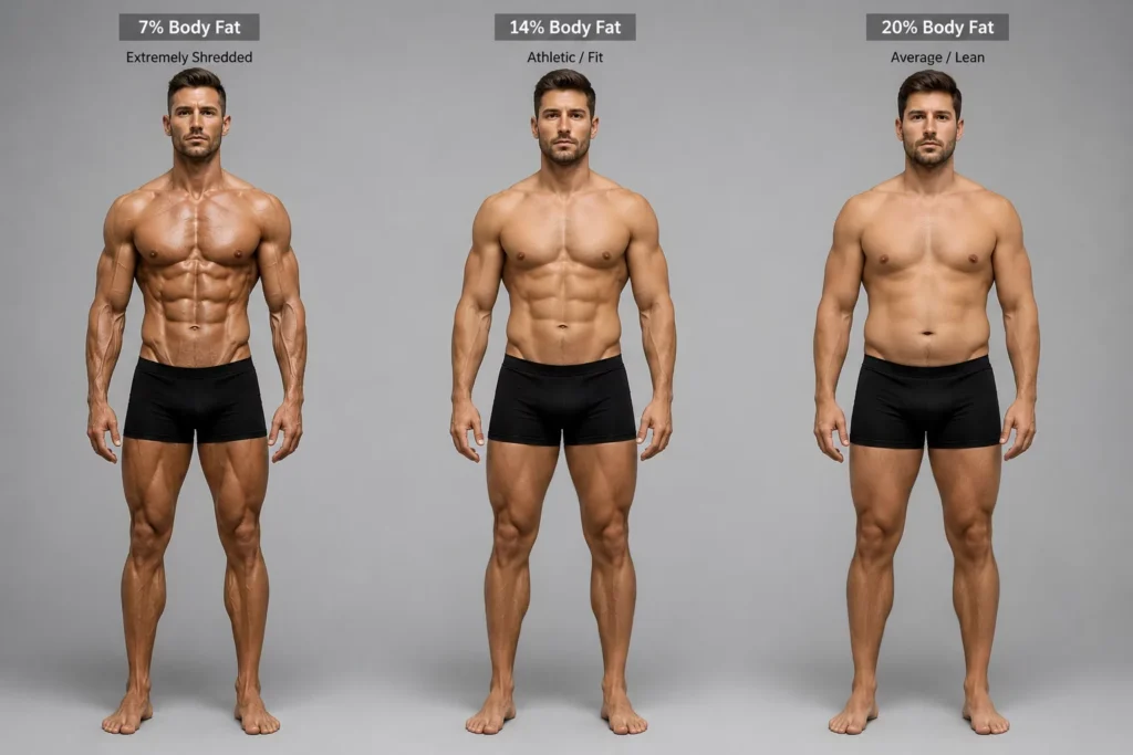 Three athletic men showing 7%, 14% and 20% body fat level