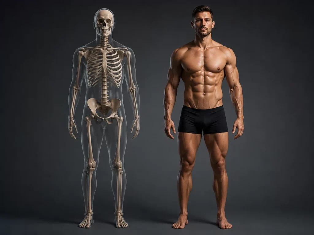 Translucent anatomical skeleton next to lean muscular male at 8% body fat